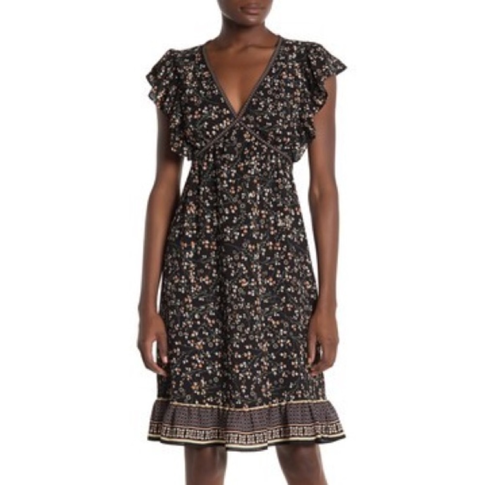 Ruffle Cap Sleeve Ditsy Print Dress - Small